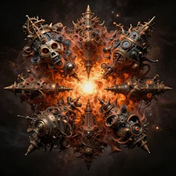 the explosion of the universe from an evil satanic seed, insanely detailed and ornate, anatomical details, mechanical details, orange and black, style of baroque, steampunk noir
