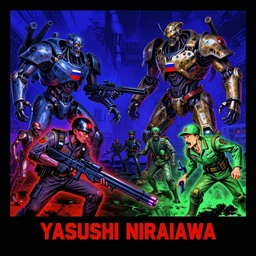 black light poster of futuristic war between zombie chinese russian military designed by yasushi nirasawa versus syd mead designed biomechanical us european military forces, vibrant