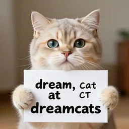 realistic high quality photo of a cute cat holding a sign with text that reads : dream, cats cat dreamcats, catss