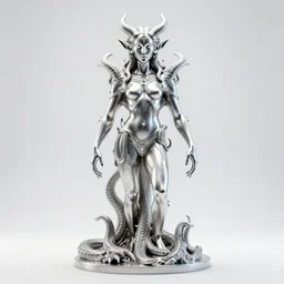 stylized shiny polished silver statue full body extra limbs bizarre cosmic horror demonic demon made of marble of slug creature, perfect symmetrical body, perfect symmetrical face, hyper realistic, hyper detailed, by johannen voss, by michelangelo, octane render, blender, 8 k, displayed in pure white studio room