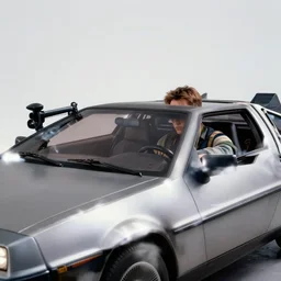 movie still from back to the future. delorean. smoking. photorealistic