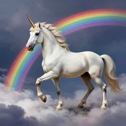 a unicorn in the style of Caravaggio, walking across a rainbow. Beautiful clouds, highly detailed. Greg Rutkowski, digital art. Trending on artstation. Dramatic composition and beautiful light.