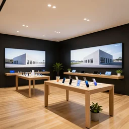 A flagship Samsung store. black walls. timber floor. high ceilings with spots. wood  furniture with large digital screen. display tables with phones and tablets, pots with plants, large digital screens on the walls, Architectural photography. 14mm. High Res 8K. award winning architectural design, Minimalist, High-tech, warm and happy, inviting