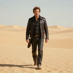 Picture of a single wanderer in black and brown leather clothes, wandering the desert landscape, full of wonders, portrayed by Bob Odenkirk, beautiful, walking towards you, realistic, low fantasy, extremely detailed, trending on artstation, artstationHD, artstationHQ, cgsociety, HD, 8K, Cinema quality, award winning shot