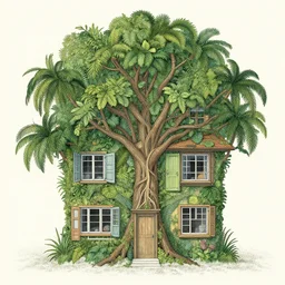 jungle tree made of windows and doors and a roof, complete house with central nervous system, background fine lines by ellen jewett, tomasz alen kopera and justin gerard