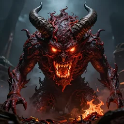 an ominous terrifying being made of kimchi and hatred with sharp teeth and flaming eyes and horns