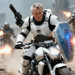 close up photograph of an old man who is a veteran of many futuristic wars with short gray hair and blue eyes. he is wearing a white futuristic suit of heavy combat armor and holding a blaster in one hand and a plaster plazma - proof shield in the other. riding a white armored motorcycle charging into enemy lines while firing plasma bolts. scifi