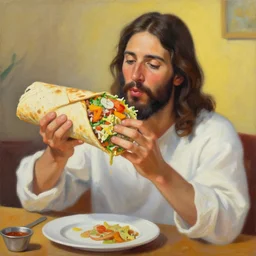 painting of jesus eating a massive burrito by lilia alvarado