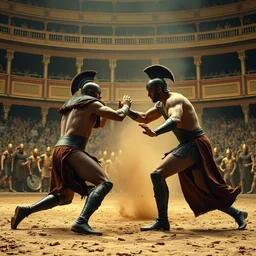 film still of a gladiator arena duel fight, emmanuel macron wrestles boris johnson, epic cinematic shot
