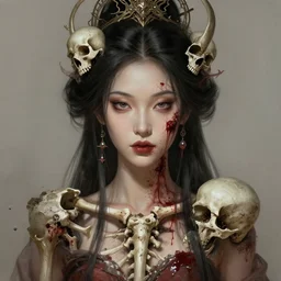 stunning asian goddess of skull portrait, blood, bones, skull, dirt, fantasy, intricate, elegant, highly detailed, digital painting, artstation, concept art, smooth, sharp focus, illustration, art by afshar petros and krenz cushart and artem demura