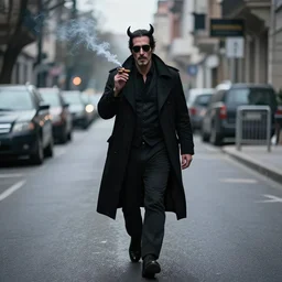 Satan walking down a street smoking a cigar