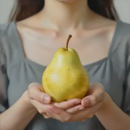 realistic painting of a woman holding a pear