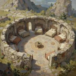 painting of a series of a ring of bedrooms carved inside a mountain viewed from courtyard below, cozy bed, well maintained, clean, medieval, fantasy genre, natural light, fantasy, natural light, sharp focus, concept art, by greg rutkowski and craig mullins, cozy atmospheric and cinematic lighting, trending on artstation