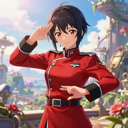 highly detailed portrait of beautiful girl with anime features wearing a red and black military uniform, by range murata and leyedencker and wlop, perfect infinite detail and detailed hands, dynamic pose, dreamy scenery background, global illumination, radiant light, detailed intricate environment