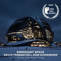 emissary space by arthur haas and bruce pennington and john schoenherr, cinematic matte painting, photo realism, zaha hadid building, dark color palate, blue hour light snow