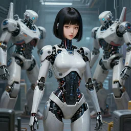 Japanese cyborg princess in a robot factory, cyberpunk, hyperrealist digital painting by Mario Testino, Stanley Artgerm Lau, WLOP, Andrei Riabovitchev, masterpiece, trending on artstation, cgstudio