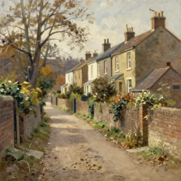 oil painting of english dusty lane and overgrown walls, a few trees, a row of terraced houses raised up above, autumn, soft sunlight, james gurney, norman rockwell, ruan jia, jeremy mann, carl spitzweg,