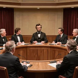 high resolution (((high quality realistic))) photo still of Abraham Lincoln in a roundtable debate with Stephen Douglas in a 1968 public television show