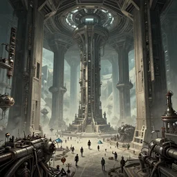 the depths of a vast artificial world with massive towering pillars holding the ceiling of the incredibly geometric landscape up with machinery dwarfed by the environment and energetic beings patrolling, extreme depth, wayne barlowe, banksy and salvidor dali collaboration, abyss, colossal hovering machine automations of brutalist design visible in the foreground