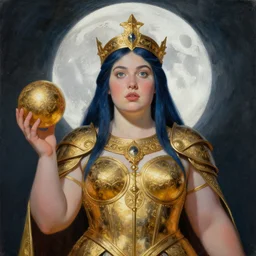 painting of junoesque plus size priestess of the moon, golden filigree armor and tiara, gold orb in hand, moon above head, dark blue straight hair, smooth translucent skin, wide striking eyes, beautiful! coherent! by brom, by brian froud, strong line, high contrast, muted color, 4 k, trending on artstation