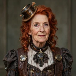 photo of an elderly woman in steampunk fashion by lilia alvarado, red hair, freckles
