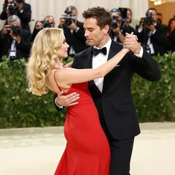 a very handsome man in a suit dancing with a blonde woman in a red dress a the Met Gala