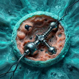 mechanical mitosis, cell shaded, chiaroscuro!, minimalism, sfumato!, flesh bound to metal, loose wires, black ooze, hyperrealism, surrealism, cyan lighting, vibrant, reflective fabric, refractive surfaces, by ilya kuvshinov and anton fadeev and greg rutkowski and gil elvgren