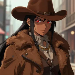 full anime portrait of beautiful gunslinger woman in the city, face details, brown tuffle coat, cowboy hat, brown skin, redeyes, high fantasy, dnd, highly detailed, digital illustration, by kurone mishima, light novel art