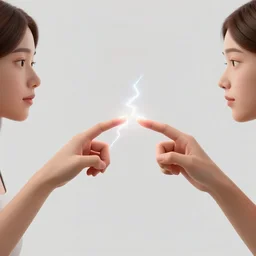 two women touch by their finger tips, exchanging lightning energy throuth their fingers, inspired by the creation of adam by michelangelo