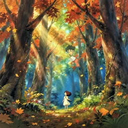 high quality illustration of an enchanted magical autumn forest, day time, sunshine, flying leaves, amazing mood, art by daisuke tsutsumi and ghibli studio, artstation art