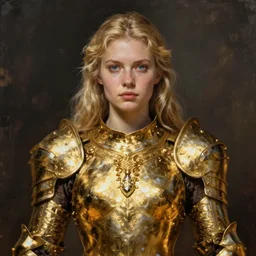 golden armor full - body portrait of slavic young woman warrior, front, symmetrical, extremely detailed face, beautiful face, blonde hair, blue eyes, digital painting, true anatomy, by valerian city of a thousand planets, by ruan jin #, by mandy jurgens #, by artgerm #, william - adolphe bouguerea #