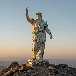 “Plastic Apollo statue covered with huge pieces of shattered bottles, standing on top of a mountain, sunset, detailed but rough, 4k photo, great light and shadows, Sigma 85mm”