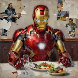 iron man having lunch, intricate, detailed, torn paper decollage, oil on canvas by edward hopper, ( by mattias adolfsson ), by moebius