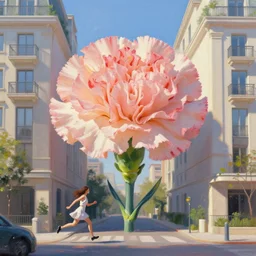 giant carnation flower head, a woman running between luxury apartments, surreal photography, sunlight, impressionist painting, digital painting, artstation, simon stalenhag