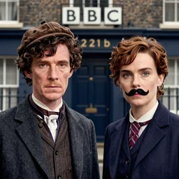 sherlock bbc movie two parts : katie holmes dressed as sherlock in deerstalker at left, emma watson with moustache at right, baker street 2 2 1 b at background, 8 k, cinematic, ultra detailed faces, octane render