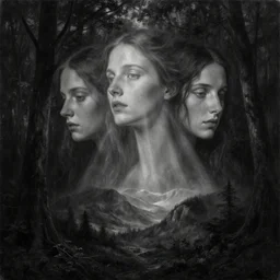 digital and traditional art painting portrait of ethereal plane with forest and mountainside, black and white, small muted hint of colour, high detail, textured, by caestrad, dark background, mystic, perfect lighting, high contrast, arstation, chris cold, artgerm, lightrays, hasselblad