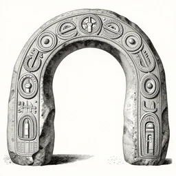a ilustration of a spiritual selknam stone arch, engraving by gustav dure, aboriginal, symmetrically centered, close shot