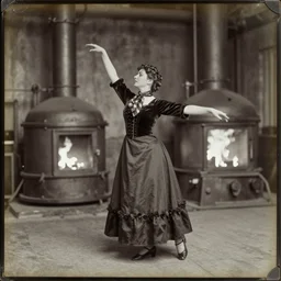 wet plate photograph, portrait of scarves dancer, victorian era boiler room, furnace inferno