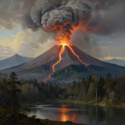 a beautiful painting of a volcano oozing lava, pyroclastic clouds forming in the background there are other mountains and a thick forest, there's a lake in the foreground by albert bierstadt, high resolution, excellent contrast, morning