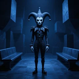 a cinematic fine portrait of the dmt trip, angular, dark blue hypercubes, hyperdimensional entities, ominous faceless court jester, the waiting room, octane render, nvidia raytracing demo, masterpiece
