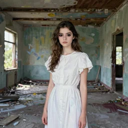 very detailed flash photo of a beautiful girl with three black eyes wearing white dress in an abandoned house by Monia Merlo and Daniel Merriam, vivid brushstrokes on background, wide angle, 4k