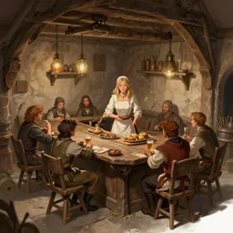 medieval tavern with barmaid and patrons drinking, artstation, fantasy