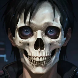 A potrait of a cyberpunk skull with big eyes, fine-face, realistic shaded perfect face, fine details. Night setting. Very anime style. Realistic shaded lighting poster by Ilya Kuvshinov katsuhiro, magali villeneuve, artgerm, Jeremy Lipkin and Michael Garmash, Rob Rey and Kentarõ Miura style, trending on art station