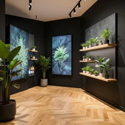 hyperdetailed contemporary store, oak parquet, black walls, digital walls, plants