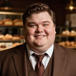 Close up portrait of a chubby man wearing a brown suit and necktie with a bakery in the background. Photorealistic. Award winning. Dramatic lighting. Intricate details. UHD 8K. He looks happy.