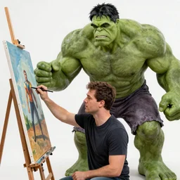 photomanipulation of BOB ROSS as hulk, marvel, he is drawing a canvas