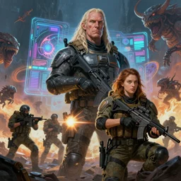 illustration of h. r. giger and liliia sitailo, artist paint in air colorful elements of bright sci - fi hologram elements, squad of swat ready for battle, shoot swarm of monsters, dramatic, sharp focus, depth of field, highly detailed, artstation, digital art, volumetric light, dynamic, expression