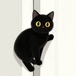 a drawing of a black cat clinging to a white door frame about to pounce on a passing human, hyper eyes