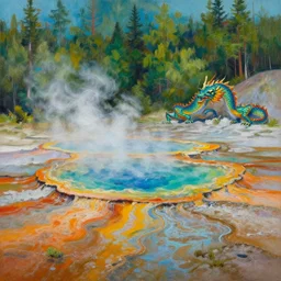 highly detailed oil painting of a colorful hotspring with forest backdrop, focus is on a dragon, featured on artstation