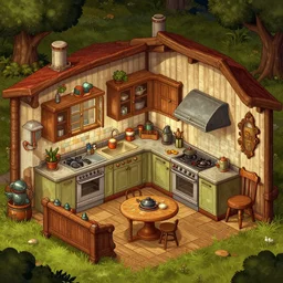 kitchen of a farm house with retro sci fi furniture, from a point and click 2 d graphic adventure game, detailed, set design inspired by hg giger art inspired by thomas kinkade